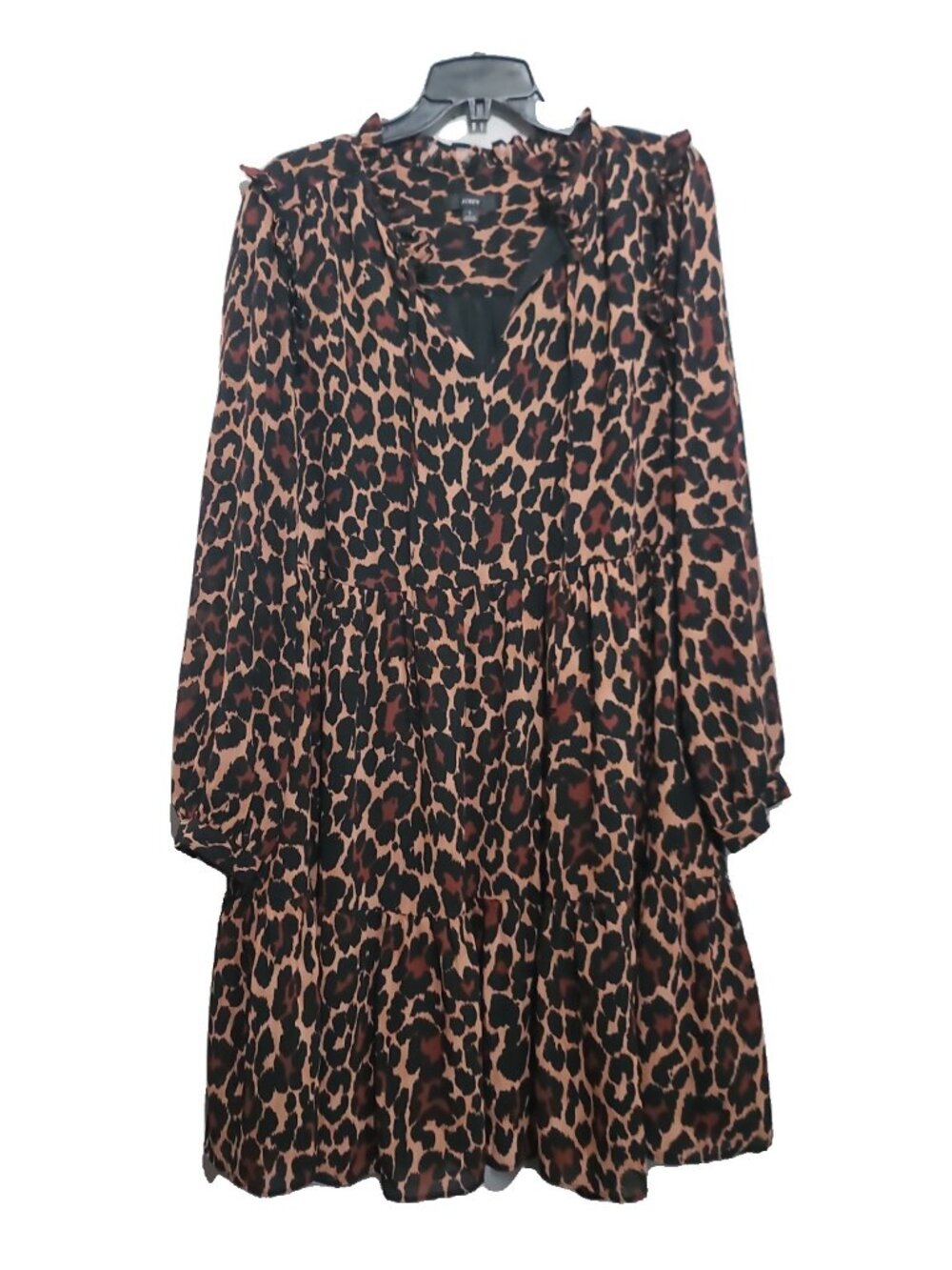 J.Crew Tie-neck tiered dress in leopard crinkle chiffon L BROWN BLACK EUC